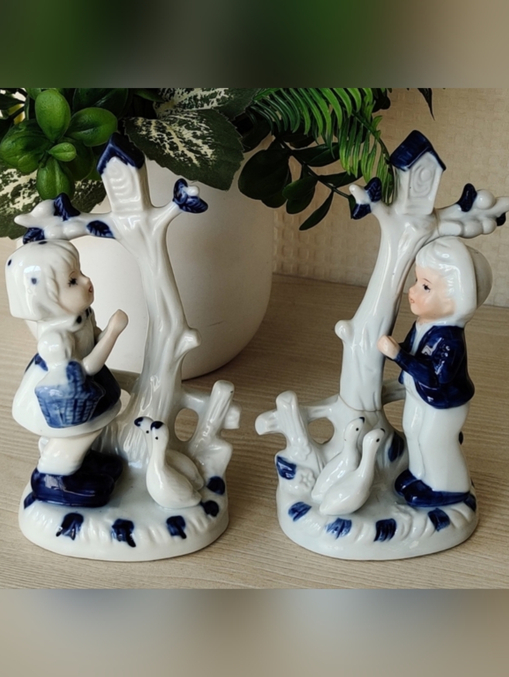 Vintage Set of 2 Delft style ceramic blue and white Boy & Girl figurines